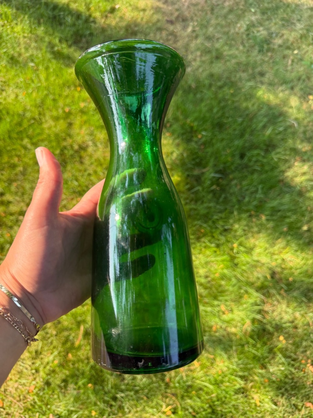 11” Vintage Green Glass Bottle Vase Unique With Metal Tag Firenze Metal Seal. - Picture 6 of 10